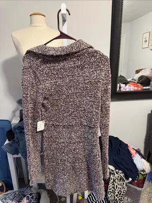 Free People Marled Lace-Up V-Neck Sweater dress Taupe Brown thumbnail 4