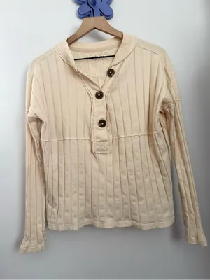 Free People XS In The Mix Henley Cream Beige Relaxed Boxy Fit Neutral Rib Boho thumbnail 1