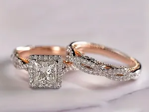 Women’s Gorgeous Gold 2.5 Ct. Princess Cut Cubic Zirconia Ring and Band Set thumbnail 2