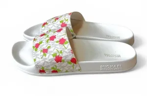 MICHAEL KORS Signature Vanilla Cream Floral Monogram Logo Slip On Slides thumbnail 1