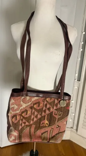 Vintage American Angel Tapestry Tote Bag Leather Trim Boho Southwest thumbnail 1