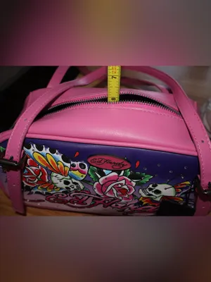 Ed Hardy Pink Shoulder Bag Tattoo Skull Rose Butterfly Rhinestone Barrel Satchel thumbnail 9