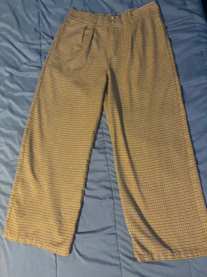 Women's Beige Black Check Pleated Wide-Leg Dress Pants Button Accent XL thumbnail 9
