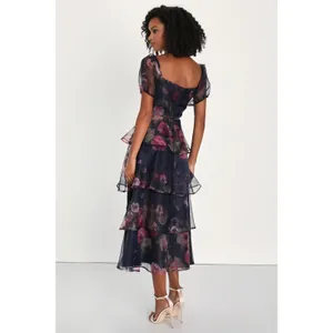 Lulus Oh-So Stunning Navy Blue Floral Organza Tiered Midi Dress Cocktail Small thumbnail 6