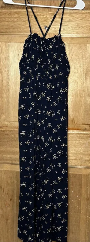 Audrey Parks Navy Floral Spaghetti-Strap Wide-Leg Jumpsuit size S thumbnail 1