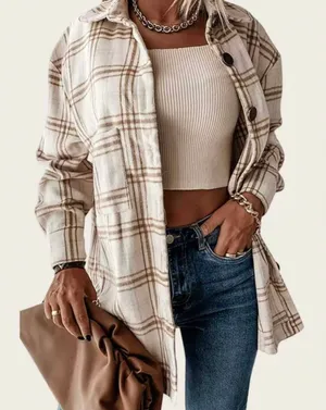 Neutral Plaid Shacket Flannel Multiple thumbnail 1