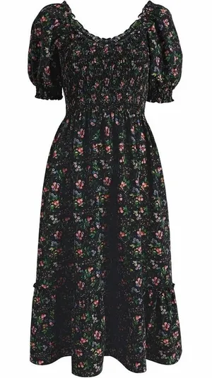 Hill House Home Louisa Nap Dress S Berry Crepe Smocked Floral Midi Tiered Black thumbnail 1