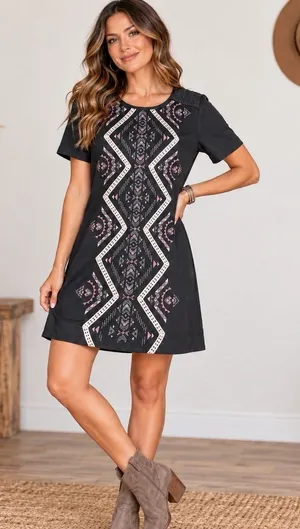 Miss Me Dress Women's Size L Black Microsuede Embroidered Boho Western Shift thumbnail 1