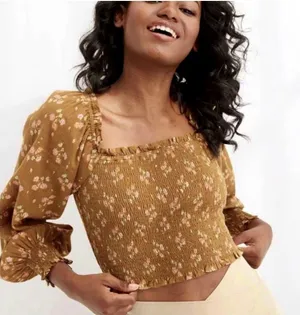 Aerie Smocked Bodice‎ Floral Crop Top Blouse Small Cottagecore Boho Chic Forest thumbnail 1
