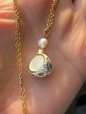 Handmade porcelain tea cup & freshwater pearl unique fun fairy antique style necklace🫖🍃🌀 thumbnail 5