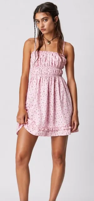 Free People Gabby Mini Dress Pink Cherry Floral Smocked Mini Sundress Medium thumbnail 1