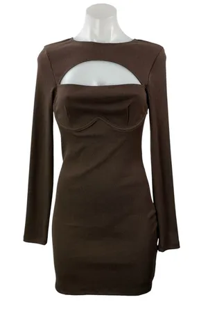 Princess Polly Brown Long Sleeve Ribbed Knit Square Neck Mini Bodycon Dress 6 thumbnail 1