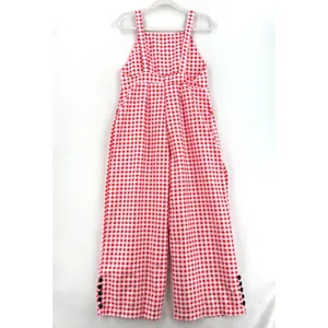 Red Pink Gingham Wide Leg Overall Jumpsuit Women L Button Hem Cottagecore Picnic thumbnail 2