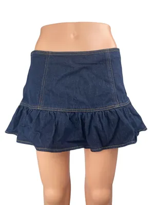 NEW Cider Womens Blue Mid Rise Ruffle Frill Mini A-Line Denim Jeans Skirt Size S thumbnail 1