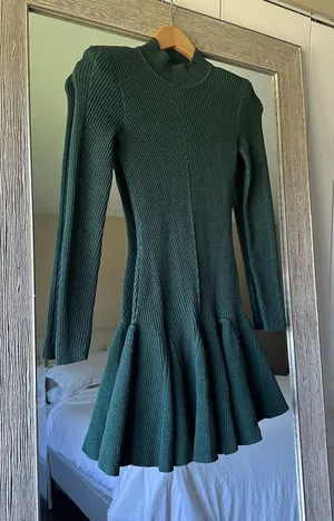 Retrofete Green Knit Sweater Dress Pleated Mock Neck Long Sleeve Short XXS thumbnail 1