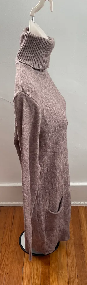 Wool Blend Brown Cable Knit Turtleneck Sweater Dress with Pockets, size M thumbnail 11