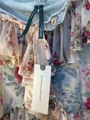 Anthropologie Floral Off-Shoulder Ruffle Crop Top - Pink & Cream thumbnail 7