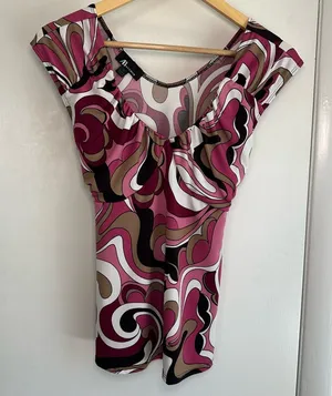 AB Studio Y2K Geometric Babydoll Top. Small. Pink and neutrals. thumbnail 1