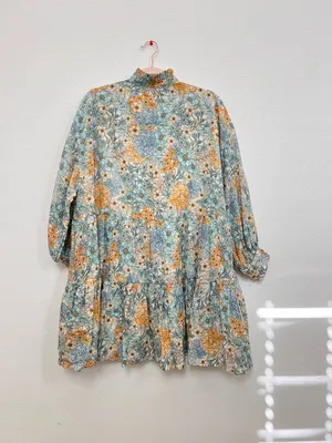 Magali‎ Pascal Blue Yellow Floral Tiered Mini Dress XS Cotton Boho Resort Dress thumbnail 2