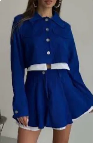 Monika Two-Piece Buttoned Crop Jacket & Skort Set Blue Small NWOT IN PACKAGE thumbnail 1