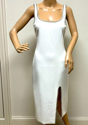 New Likely White Dressy MIDI Dress Lined with beaded trim size 10 thumbnail 1