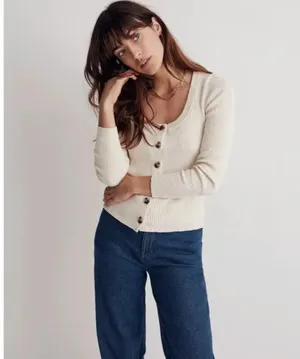 Madewell Scoopneck Cardigan Sweater in cream cotton blend XS thumbnail 2