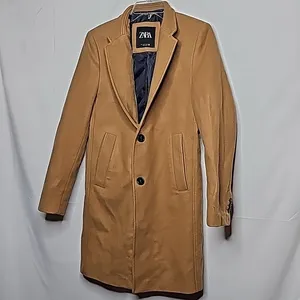 NWOT Zara tan long Tessuti wool made in Italy 2 button collared jacket coat sz S thumbnail 2