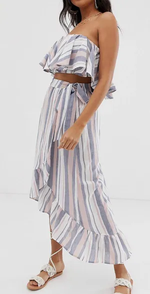 ASOS Pink, Blue, And White Two Piece Maxi Skirt Set thumbnail 1