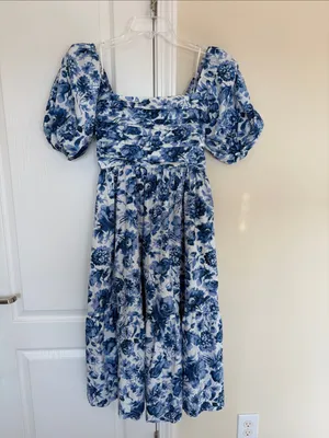 Abercrombie Emerson Poplin Puff Sleeve Midi Dress Blue Floral XS thumbnail 2