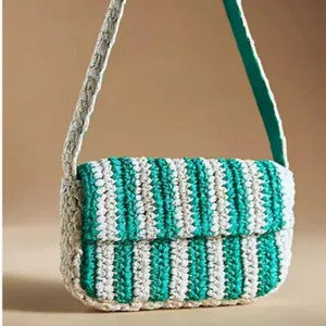 NWOT Anthropologie STRIPED RAFFIA SHOULDER BAG IN Green Small Size thumbnail 3