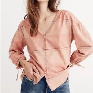Madewell Peach Plaid Morningview Tie‎ Sleeve Top thumbnail 1