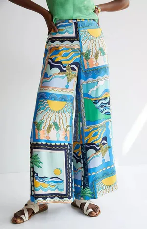 Maeve Anthropologie Sunshine Wide-Leg Pants Blue Tropical Scarf Print Size 4 thumbnail 1