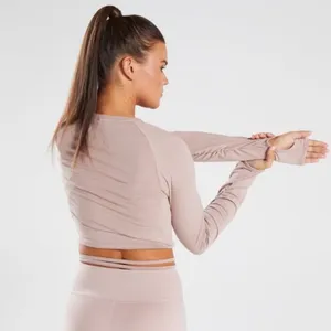 Gymshark Pink Beige Cropped Ruched Tie Up Ribbon Long Sleeve Top‎ Size M thumbnail 2