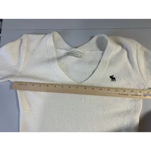 Vintage Abercrombie‎ & Fitch Womens V-Neck Ivory Pullover Small Solid Logo thumbnail 5