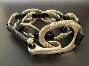 Vintage BRIGHTON B3094 Black Croc Leather Silver-plated Oval Links Belt Size 32 thumbnail 1