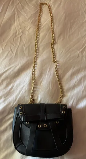 Black Leather Crossbody Bag with Gold Chain Strap thumbnail 1