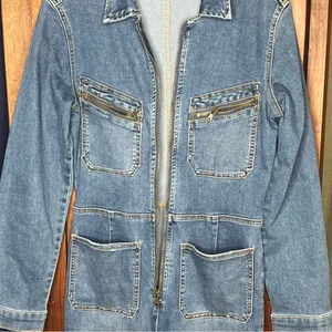 Free People Lennox Blue Denim Coverall Jumpsuit Zip Front Utility Fitted M thumbnail 4