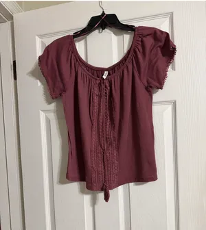 Colosa Boho Crochet Lace Peasant Top Burgundy Mauve Short Sleeve Size L thumbnail 7
