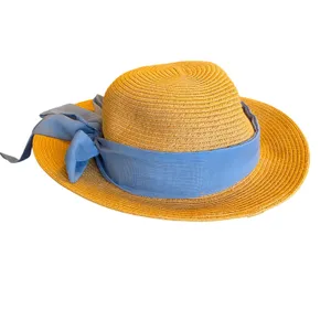 Haute Hippie Tan Straw Sun Hat‎ Blue Chiffon Ribbon Bow UPF 50 Wide Brim thumbnail 4