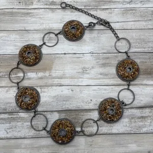 Medallion Chain Link Belt OS Brown Silver Boho Stone Inlay Earthy Artsy Western thumbnail 4