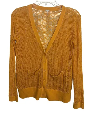 Free People FP Beach Golden Yellow Open Knit Button Cardigan Pockets Small Boho thumbnail 1