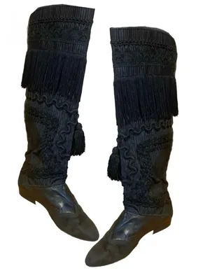Vintage 1980'S Black Leather Fringe & Ricrac Knee High Boots (36.5) thumbnail 1