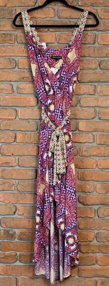 Tata Jolie‎ Floral Dress Geometric Print Hi-Low Maxi Long Vibrant Summer Boho XL thumbnail 1