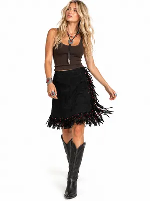 Vintage Black Suede Fringe Red Bead Western Wrap Midi Skirt L XL Cowgirl thumbnail 2