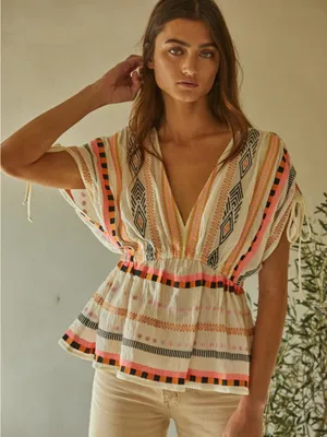 By Together Embroidered Boho Peplum Blouse Large Deep V Ivory thumbnail 1