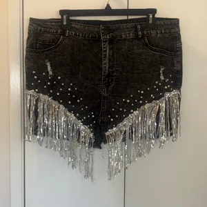 New Collection festival Silver Fringe Denim stretchy cowgirl Shorts size XXL thumbnail 3