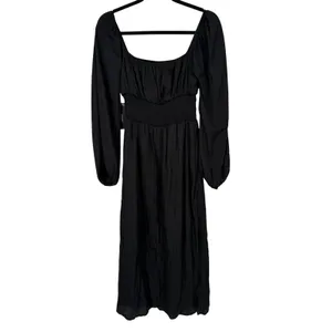 NWT‎ Lulus Long Sleeve Smocked Waist Midi Dress Black Size XS Babydoll Milkmaid thumbnail 5