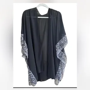 Black Chiffon Kimono Cardigan Snakeskin Trim Resortwear Boho xl thumbnail 2