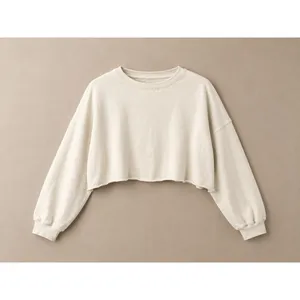 NIA Women Sweatshirt XL Cream Cropped Raw Hem Drop Shoulder French Terry thumbnail 2