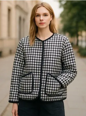 NWT Runway Houndstooth Gingham Black White Plaid Check Cotton Quilted Jacket XL thumbnail 1